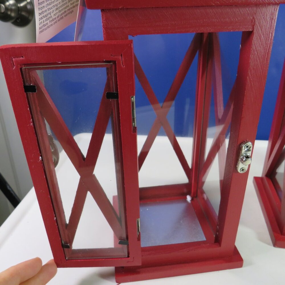 (2) Red Wood & Glass Lanterns w metal hinges Farmhouse Winter Holiday - Picture 6 of 16